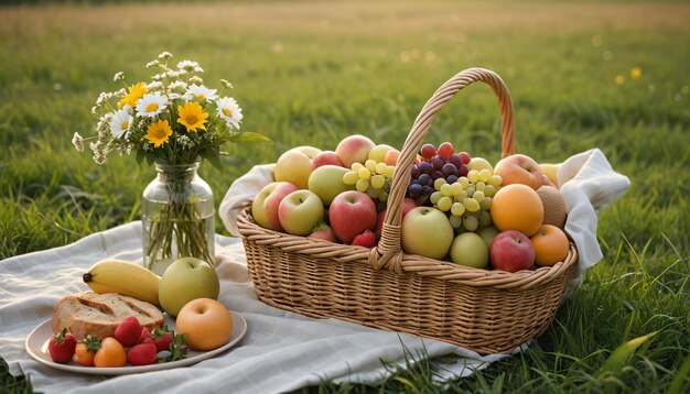 人工知能によって生成された緑の草原のピクニックバスケットと果物 食物 パンと花のクローズアップ