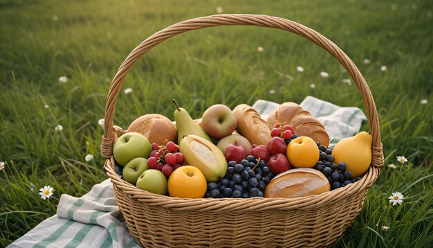 CloseUp of Picnic Basket with Fruits Food Bread and Flowers on a Green Meadow Generated by AI