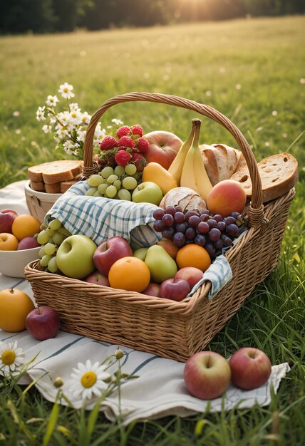 CloseUp of Picnic Basket with Fruits Food Bread and Flowers on a Green Meadow Generated by AI