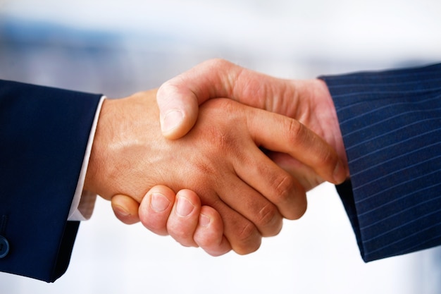 握手、合意するビジネスマンのクローズアップ写真。