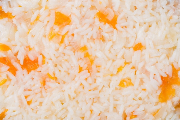 Closeup picture of cooked white rice top view