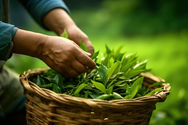 木から茶葉を摘み、お茶を竹かごに入れる農家の手のクローズアップ写真
