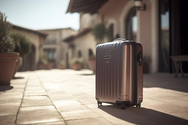 Closeup picture of holiday suitcase standing in front of hotel