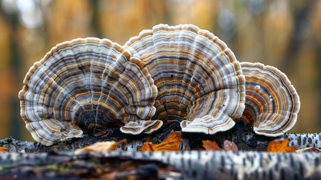 Photo closeup picture of mushroom turkey tails trametes versicolor fruiting body on rotting tree log trametes versicolor
