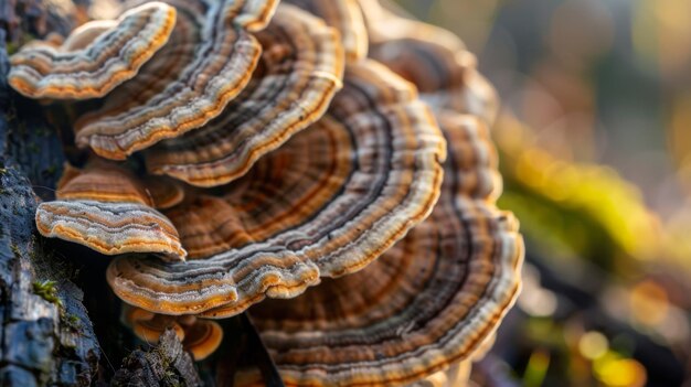 Photo closeup picture of mushroom turkey tails trametes versicolor fruiting body on rotting tree log trametes versicolor