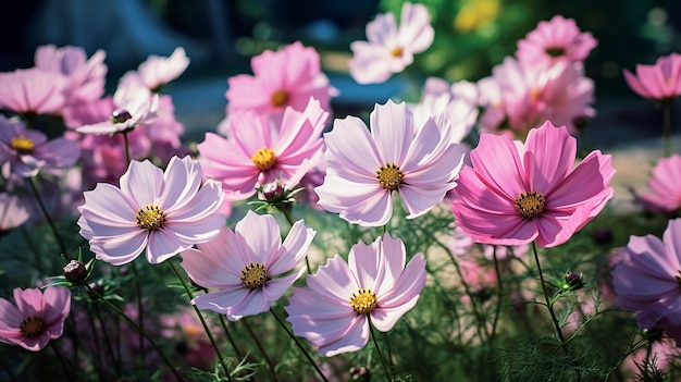 Closeup picture of pink cosmos flowers in the garden on a blurry background