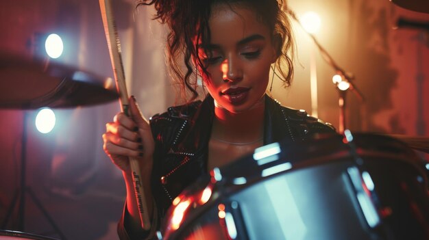 Photo a closeup picture of a young drummer playing drums in a loft rehearsal studio filled with light she is learning a new drum solo for her upcoming concert