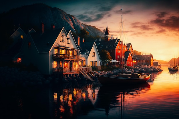 A closeup of a picturesque Swedish village with traditional wooden houses