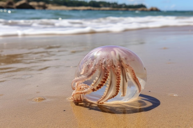 Closeup on piece of jellyfish body with beach sand background