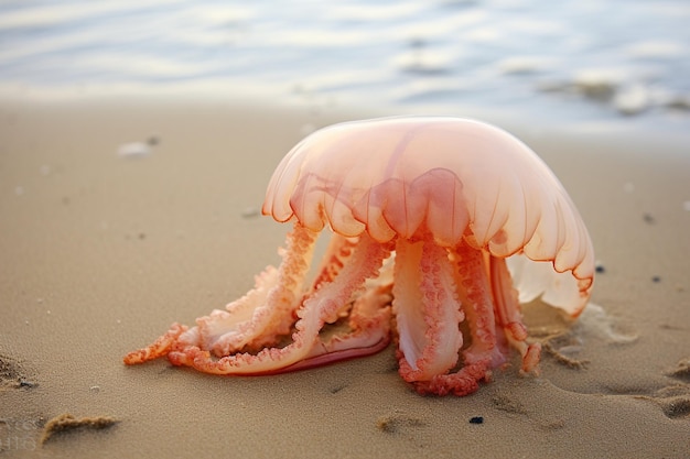 Closeup on piece of jellyfish body with beach sand background