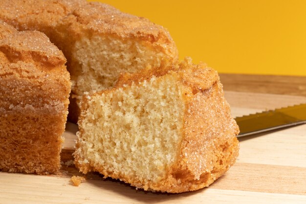 Closeup of a piece of yogurt cake, selective focus.