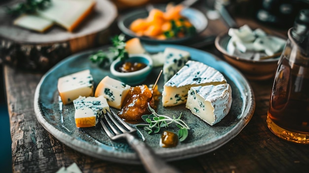 Closeup of pieces of cheese and delicious small jar of jam on the rustic style plate