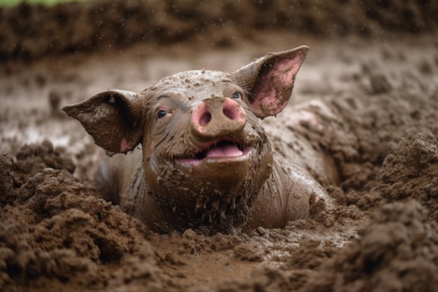 Premium AI Image | Closeup of a pig happily rolling in mud