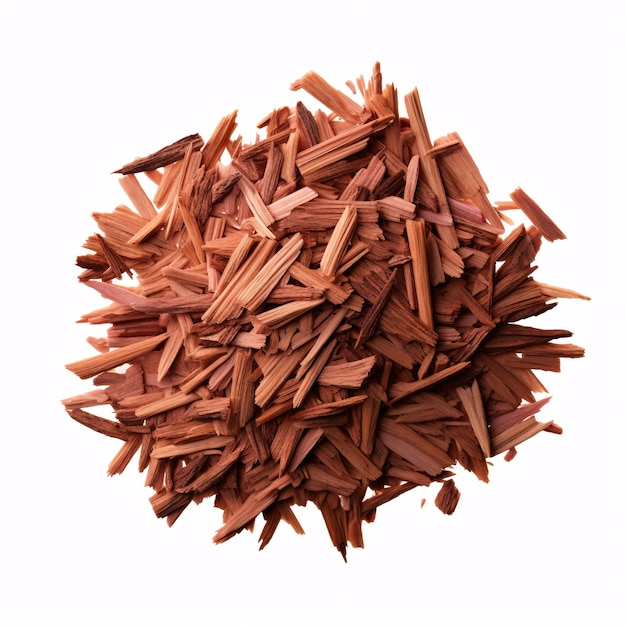 Photo closeup pile of cedar incense wood chips isolated over a transparent background top view flat lay