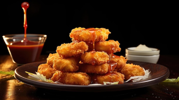 Closeup pile of chicken nuggets with tomato sauce on a wooden table with blurred background