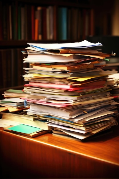 Closeup of a pile of documents and folders on a desk created with generative ai