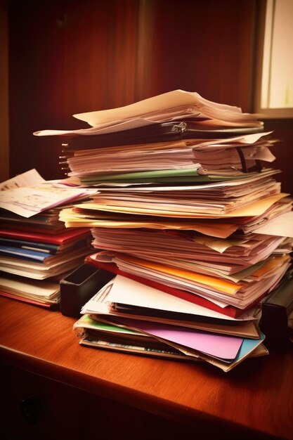 Closeup of a pile of documents and folders on a desk created with generative ai