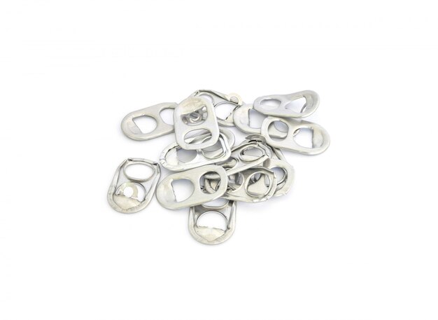 Closeup pile of pull tab can isolated on white 