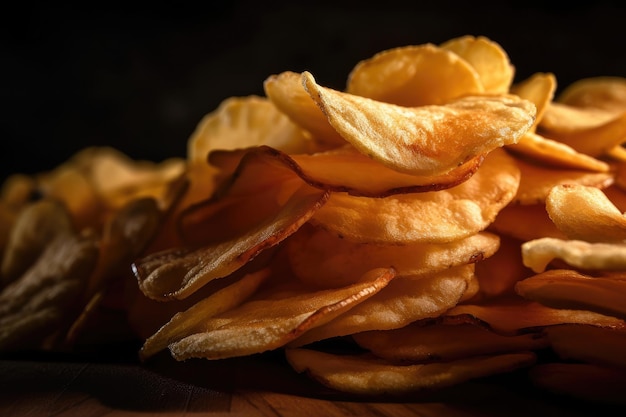 Closeup of pile of thin and crispy potato chips