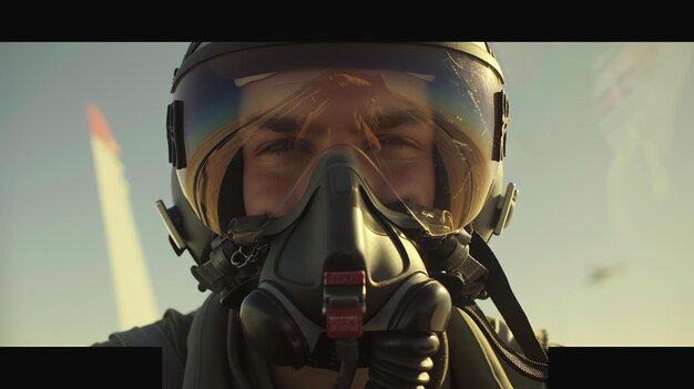 A closeup of a pilot in a fighter jet The pilot is wearing a helmet and an oxygen mask