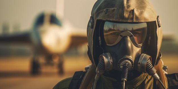 Closeup of pilot with gas mask against the background of an airplane with AI generated