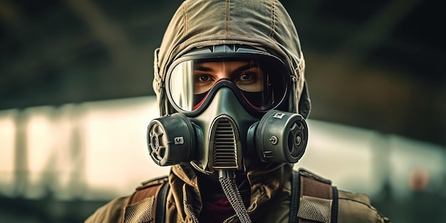 Closeup of pilot with gas mask against the background of an airplane with AI generated