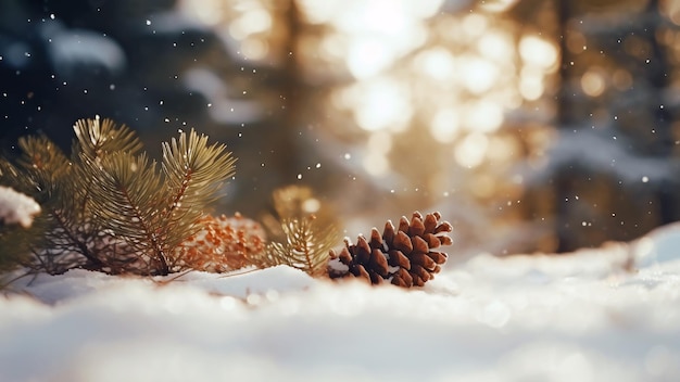 Photo closeup of pine branch on the ground with fresh snow winter background ai generated