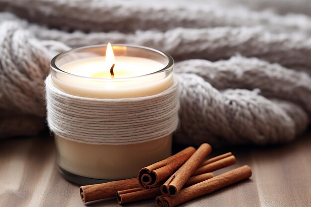 Closeup of pine cone and candle