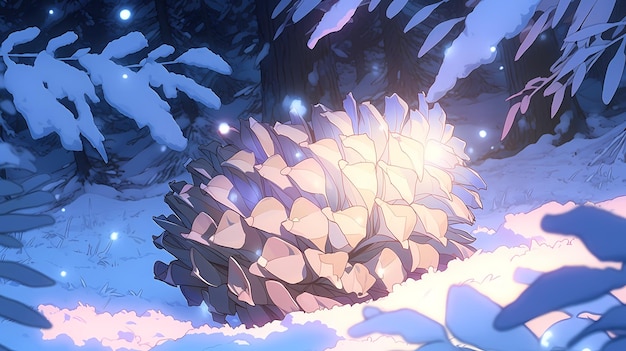 Близкий снимок соснового конуса на снегу на фоне мерцающих сказочных огней и вечнозеленых деревьев