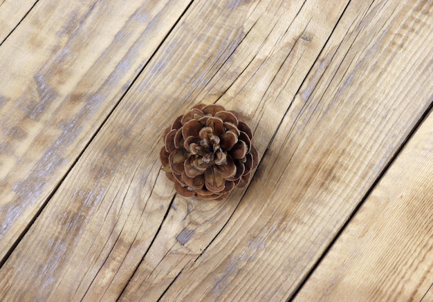 Closeup of a pine cone on a wooden board