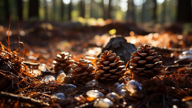 Closeup of Pine Needles in Autumn Forest