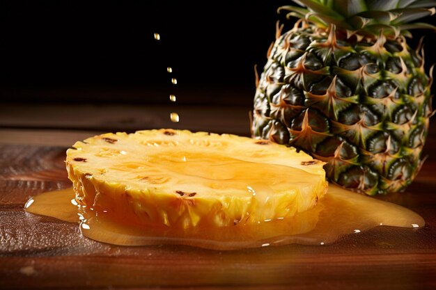 Photo a closeup of pineapple juice dripping from a slice of pineapple onto a wooden surface