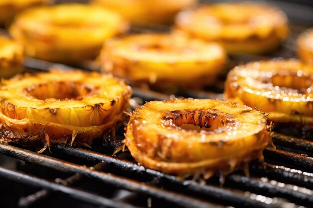 Closeup of pineapple rings on a hot grill created with generative ai