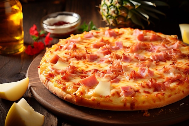 Closeup of pineapple slices arranged on a Hawaiian pizza