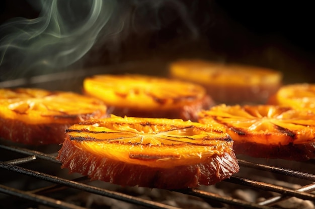 Closeup of pineapple slices on a hot grill smoke rising created with generative ai