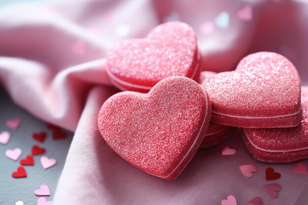 Closeup pink background lot cookies shape hearts Generative AI