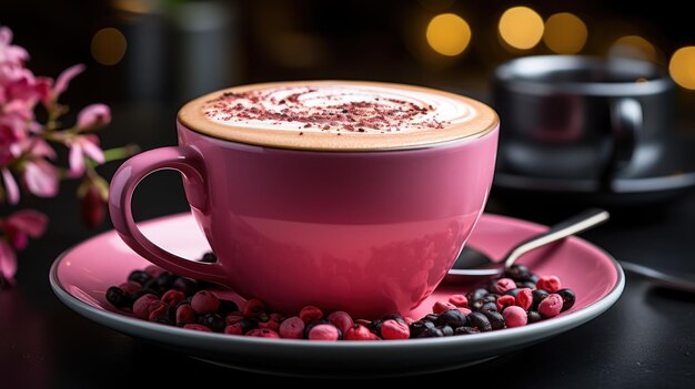 A closeup of a pink cappuccino in a black cup Ceated with Generative AI