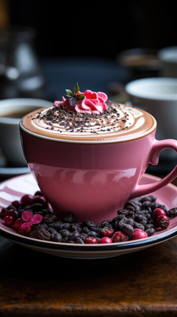 A closeup of a pink cappuccino in a black cup Ceated with Generative AI