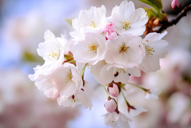 A closeup of a pink cherry blossom in bloom in springtime