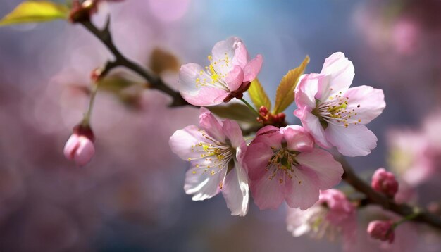 ピンクの桜の花のクローズアップは,花の花びらと茎を強調するぼんやりした背景です.