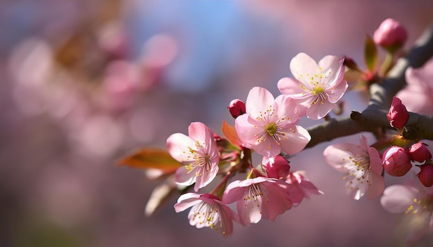 ピンクの桜の花のクローズアップは,花の花びらと茎を強調するぼんやりした背景です.