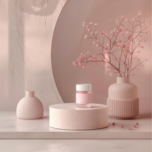 Photo closeup of a pink cosmetic jar on a podium with a flower in the background