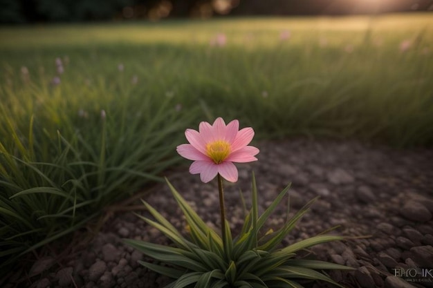 Closeup of pink cosmos flower on field