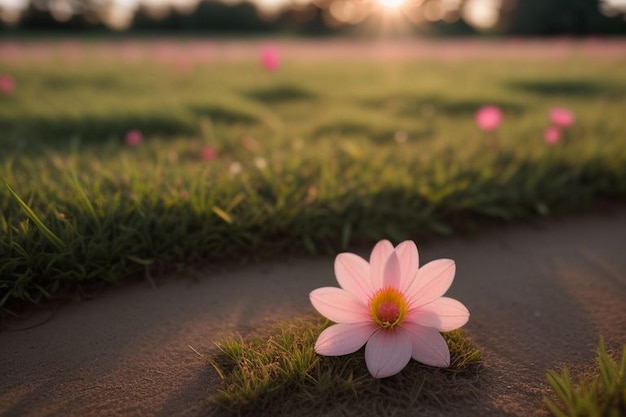 Closeup of pink cosmos flower on field