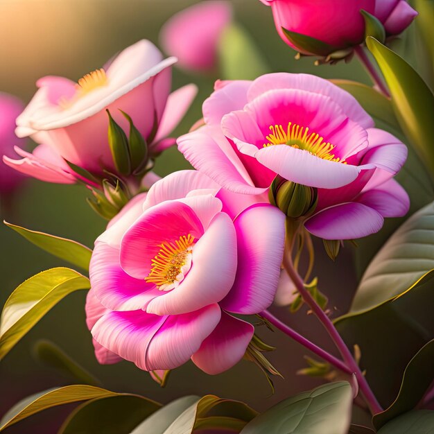 ピンク緑のぼやけた庭、自然の背景にピンクのトルコギキョウまたはトルコギキョウの花をクローズ アップ