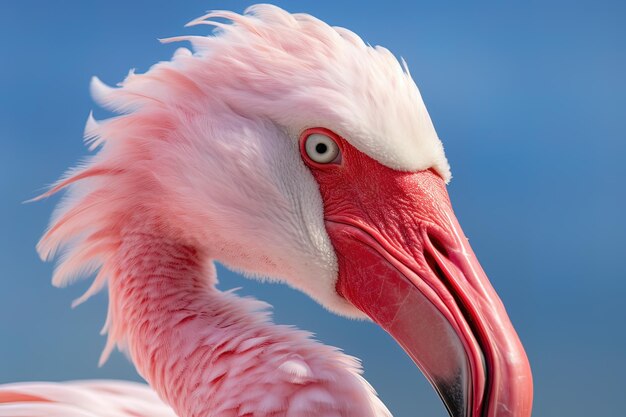 Closeup of a pink flamingo with a blue sky