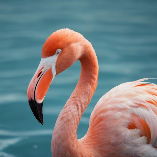 A closeup of a pink flamingo with its head turned to the side standing on a body of water