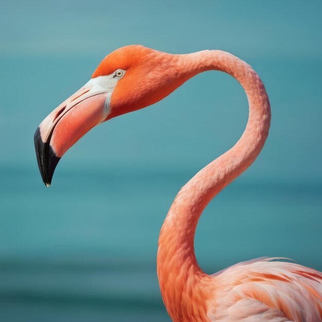 A closeup of a pink flamingo with its head turned to the side standing on a body of water