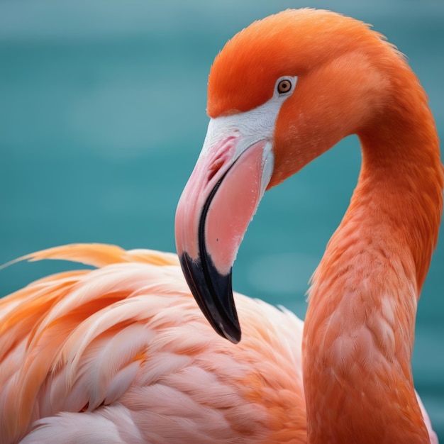 A closeup of a pink flamingo with its head turned to the side standing on a body of water