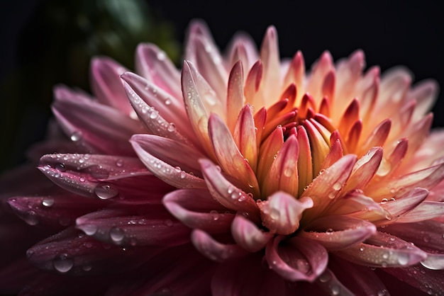 Closeup of pink flower with water drops